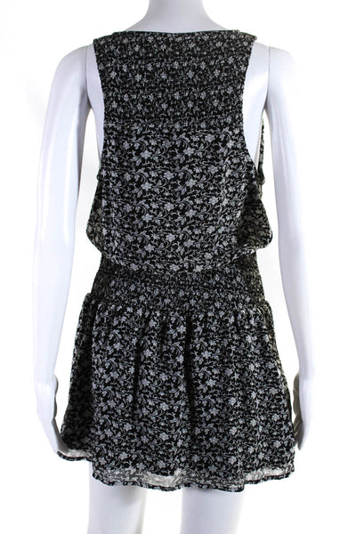 Joie Womens Silk Floral Print Scooped Neck Mini Blouson Dress Black White Size S
