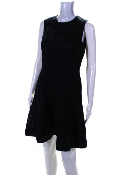 Shoshanna Womens Embroidered Sleeveless Round Neck A Line Dress Navy Blue Size 8