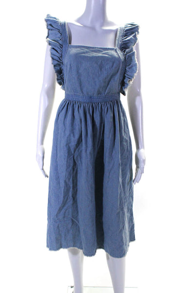 Ulla Johnson Womens Square Neck Flutter Sleeve Open Back Denim Dress Blue Size 0