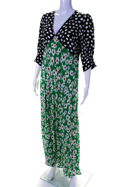 Rixo Womens Silk Patchwork Floral Polka Dot Side Slit Maxi Dress Green Size L