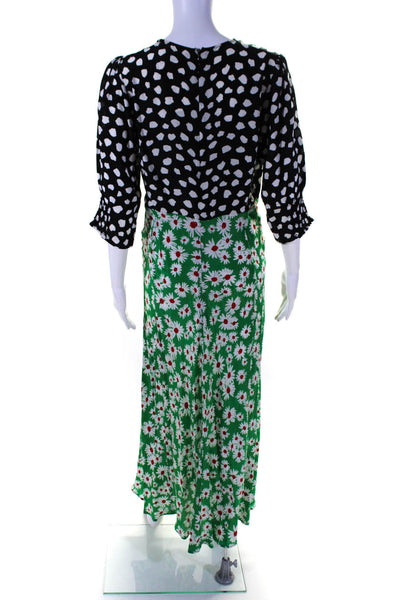 Rixo Womens Silk Patchwork Floral Polka Dot Side Slit Maxi Dress Green Size L