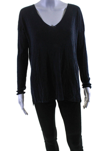 Theory Womens Linen V-Neck Long Sleeve Pullover Sweater Top Navy Size S