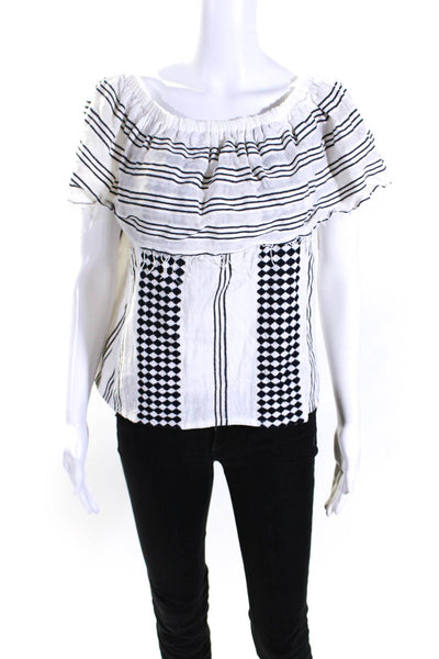 Lemlem Womens Striped Off the Shoulder Short Sleeved Blouse White Black Size S