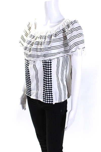 Lemlem Womens Striped Off the Shoulder Short Sleeved Blouse White Black Size S