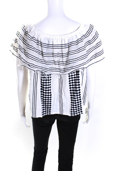 Lemlem Womens Striped Off the Shoulder Short Sleeved Blouse White Black Size S