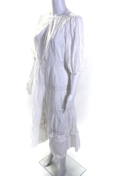 Love Shack Fancy Womens 3/4 Sleeved Tiered Buttoned Midi Dress White Size 6