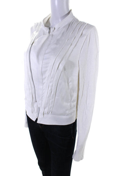 BCBGMAXAZRIA Womens Pleated Round Neck Long Sleeve Zip Up Jacket White Size L