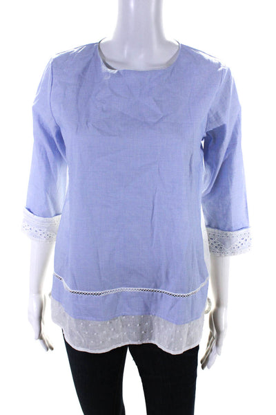 VLTs By Valentina Womens Cotton Embroidered 3/4 Sleeve Blouse Top Blue Size S