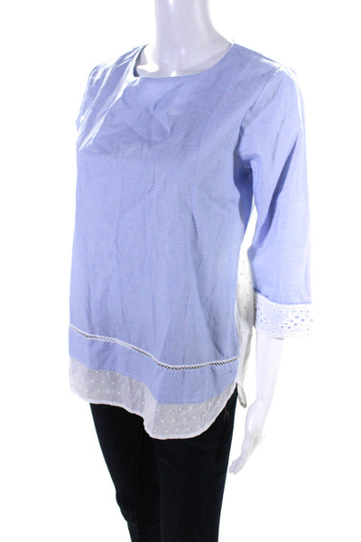 VLTs By Valentina Womens Cotton Embroidered 3/4 Sleeve Blouse Top Blue Size S