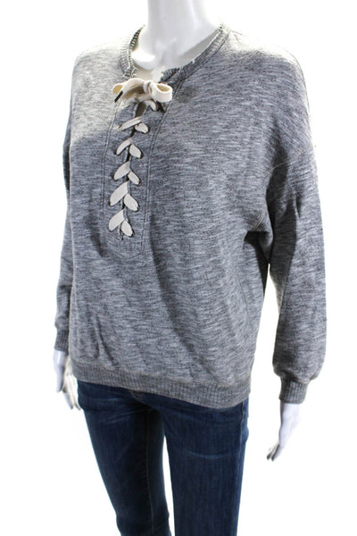 NSF Womens Pullover Oversized Lace Up V Neck Sweatshirt Gray Cotton Size Petite