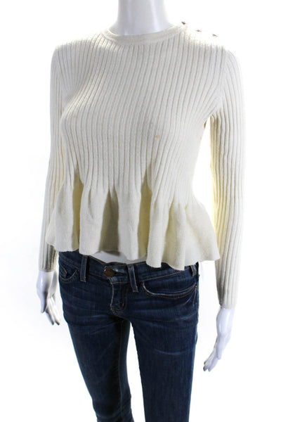 Rebecca Taylor Womens Ribbed Knit Crew Neck Ruffled Sweater White Size XS