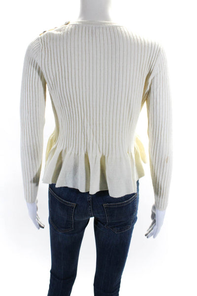 Rebecca Taylor Womens Ribbed Knit Crew Neck Ruffled Sweater White Size XS