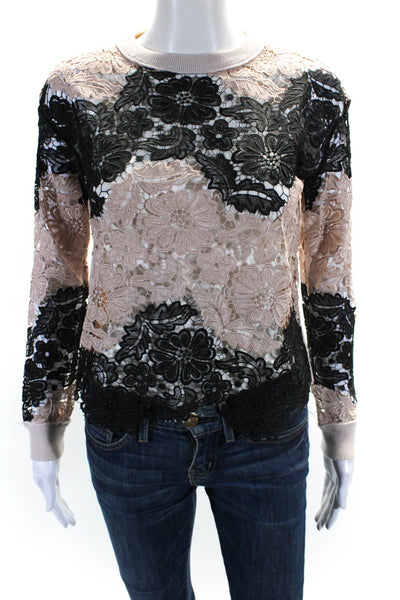 Alice + Olivia Womens Crew Neck Mixed Media Lace Knit Sweater Pink Black Wool XS