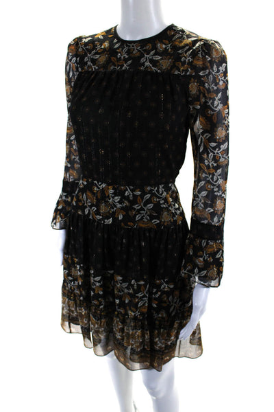 Michael Michael Kors Womens Back Zip Metallic Sheer Floral Dress Black Brown 2XS