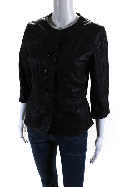 Etcetera Womens Button Front 3/4 Sleeve Leater Laser Cut Jacket Black Size 6