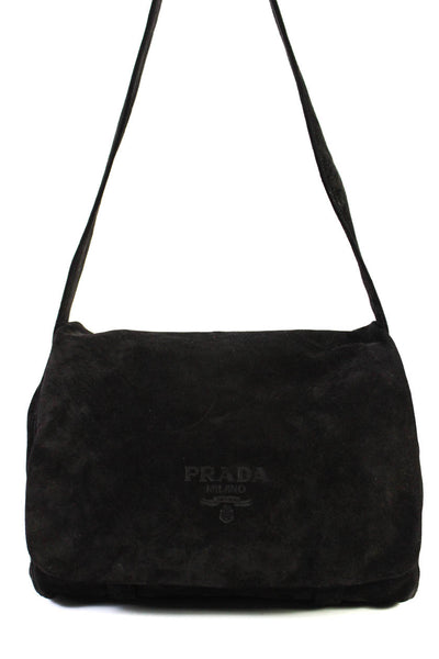 Prada Womens Suede Flap Button Closure Shoulder Handbag Black