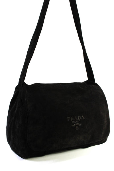 Prada Womens Suede Flap Button Closure Shoulder Handbag Black
