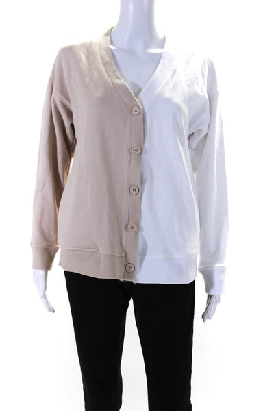 Terez Womens Cotton Two Tone V Neck Button Down Cardigan Beige White Size XS