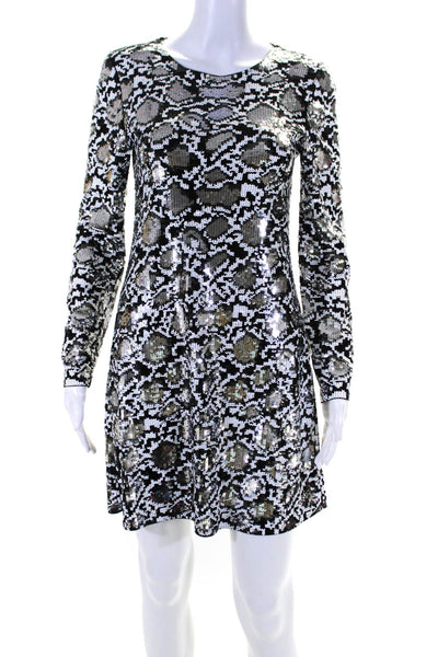 Michael Michael Kors Womens 3/4 Sleeve Sequin Snake Print Dress Gray White XS