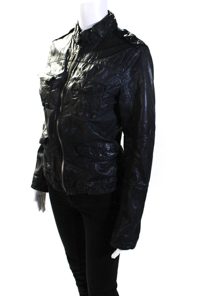 Q40 Womens Faded Black Leather Mock Neck Full Zip Long Sleeve Jacket Size M