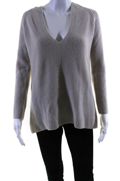 Helmut Lang Womens Wool Ribbed Textured V-Neck Long Sleeve Sweater Beige Size XS