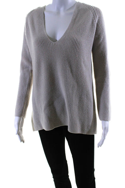 Helmut Lang Womens Wool Ribbed Textured V-Neck Long Sleeve Sweater Beige Size XS