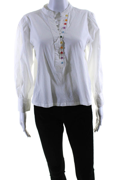 Something Navy Womens Cotton Cuff Long Sleeve Button V-Neck Blouse White Size S