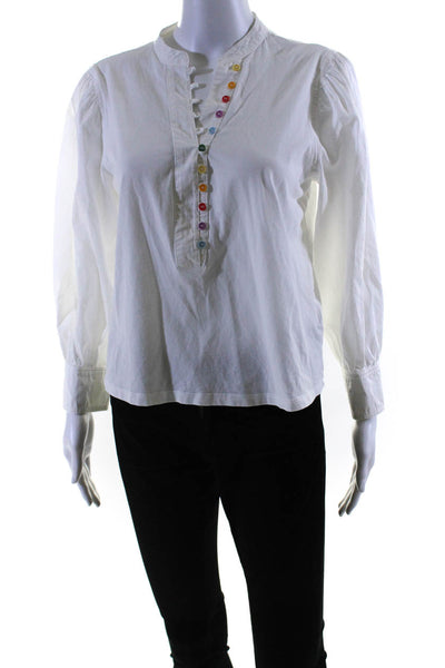 Something Navy Womens Cotton Cuff Long Sleeve Button V-Neck Blouse White Size S