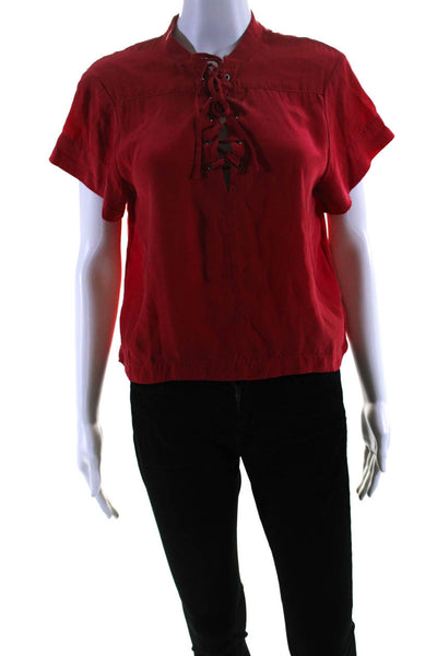 Frame Womens Silk Grommet Lace-Up Tied Short Sleeve Blouse Top Red Size S