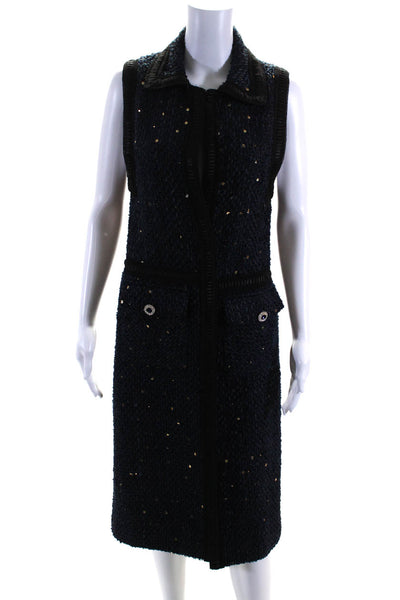 Edward Achour Womens Front Zip Collared Sequin Tweed Dress Navy Blue Size FR 34