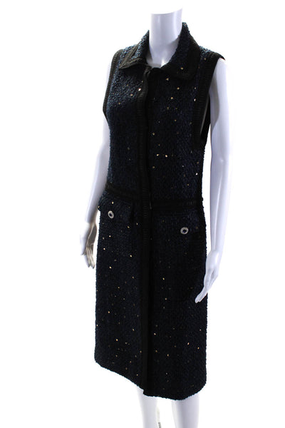 Edward Achour Womens Front Zip Collared Sequin Tweed Dress Navy Blue Size FR 34