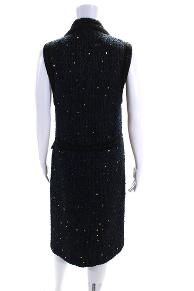 Edward Achour Womens Front Zip Collared Sequin Tweed Dress Navy Blue Size FR 34