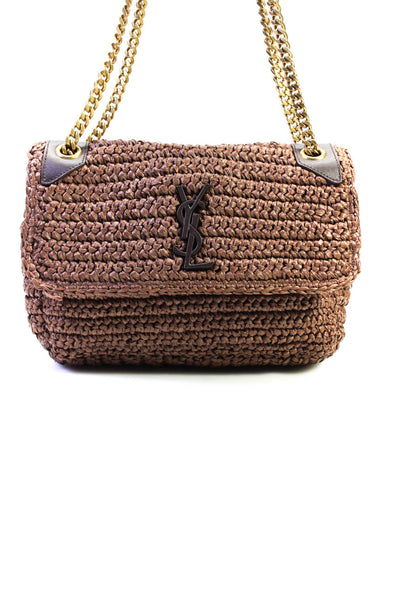 Saint Laurent 2022 Womens Medium Raffia Monogram Niki Shoulder Handbag Brown