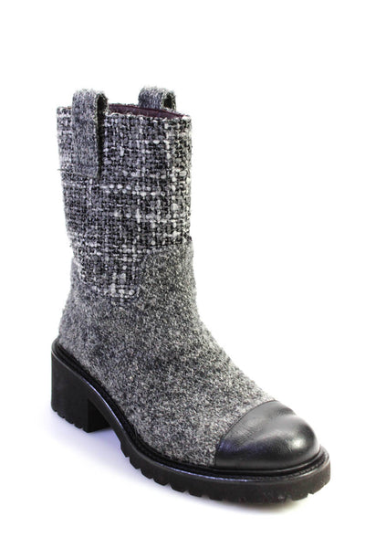 Chanel Womens Slip On Block Heel Cap Toe Tweed Boots Gray Black Size 38