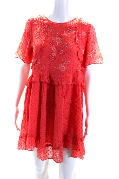 Ranna Gill Womens Embroidered Round Neck Short Sleeve Mini Dress Orange Size M