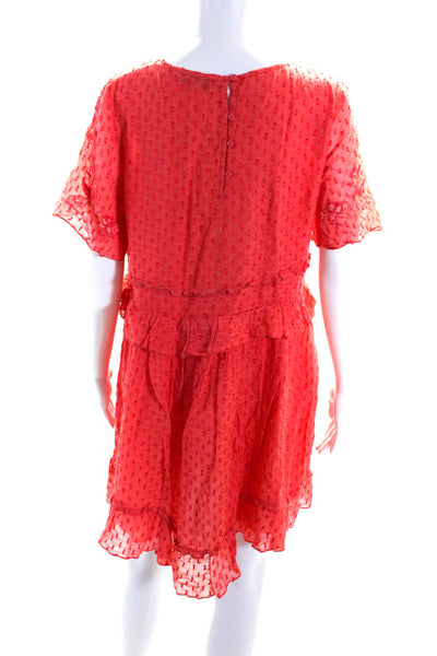 Ranna Gill Womens Embroidered Round Neck Short Sleeve Mini Dress Orange Size M