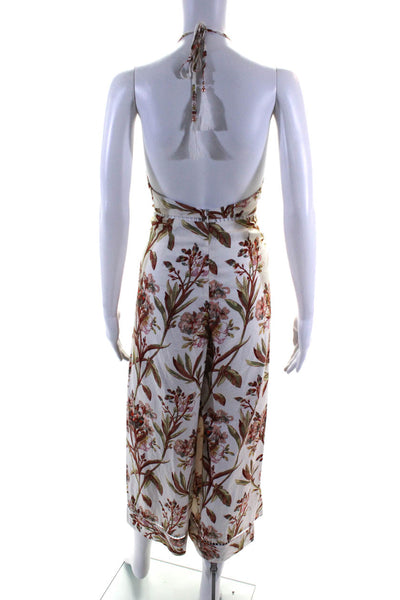 Zimmermann Womens Linen + Cotton Floral Wide Leg Halter Jumpsuit White Size S