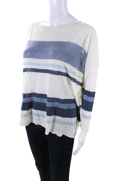 Joie Womens Linen Striped Print Round Neck Long Sleeve Pullover Top Blue Size S