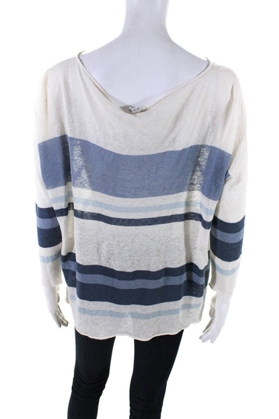 Joie Womens Linen Striped Print Round Neck Long Sleeve Pullover Top Blue Size S