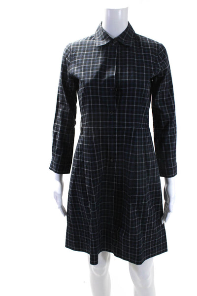 Theory Womens Cotton Plaid Print Buttoned Collared Sheath Dress Blue Size 4