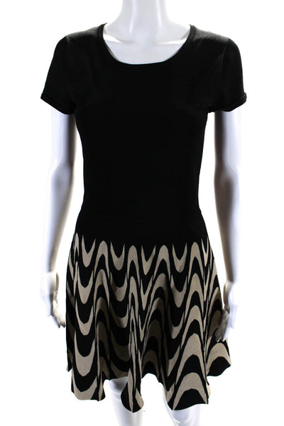 Parker Womens Wave Print Short Sleeves A Line Black Beige Size Medium
