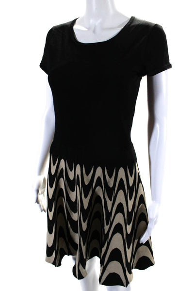 Parker Womens Wave Print Short Sleeves A Line Black Beige Size Medium