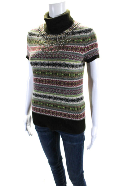 Badgley Mischka Womens Beaded Short Sleeves Turtleneck Sweater Green Size Small