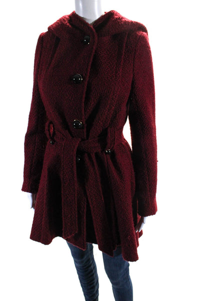 Steve Madden Womens Hooded Belted Button Down Coat Red Size Small