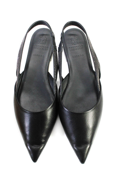 Brunello Cucinelli Womens Pointed Monili Slingback Flats Black Leather Size 39.5