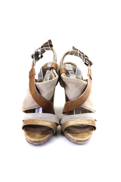 Brunello Cucinelli Womens Block Heel Strappy Sandals Brown Suede Canvas Size 40