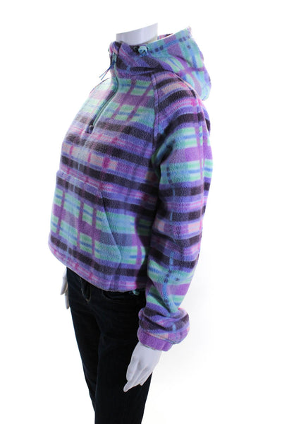 Outdoor Voices Womens Fleece Plaid Half Zipped Drawstring Hoodie Purple Size XS