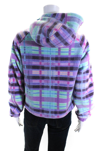 Outdoor Voices Womens Fleece Plaid Half Zipped Drawstring Hoodie Purple Size XS