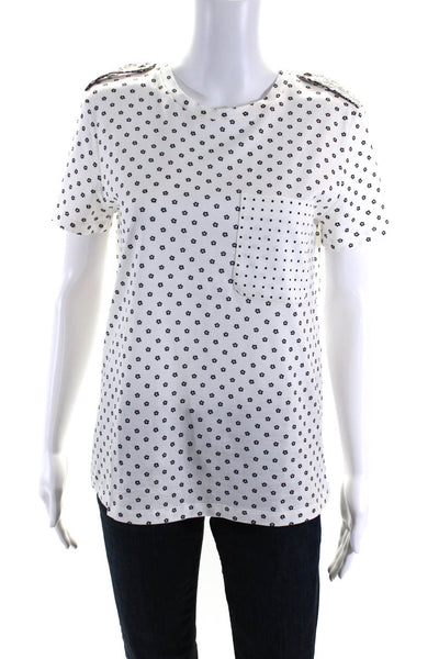 Designer Women Short Sleeve Floral Paisley Epaulette Tee Shirt Black White Small
