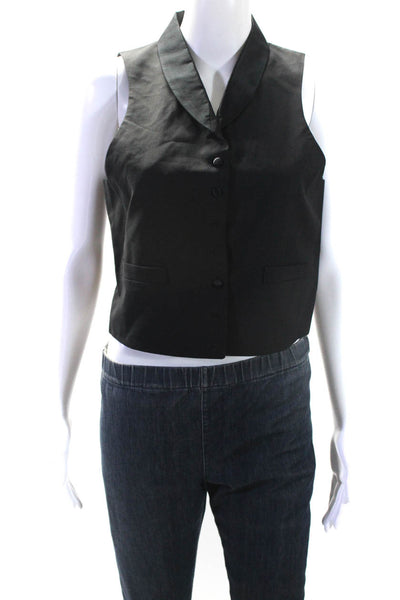 Designer Womens Black Wool V-Neck Sleeveless Button Front Sleeveless Vest Size42